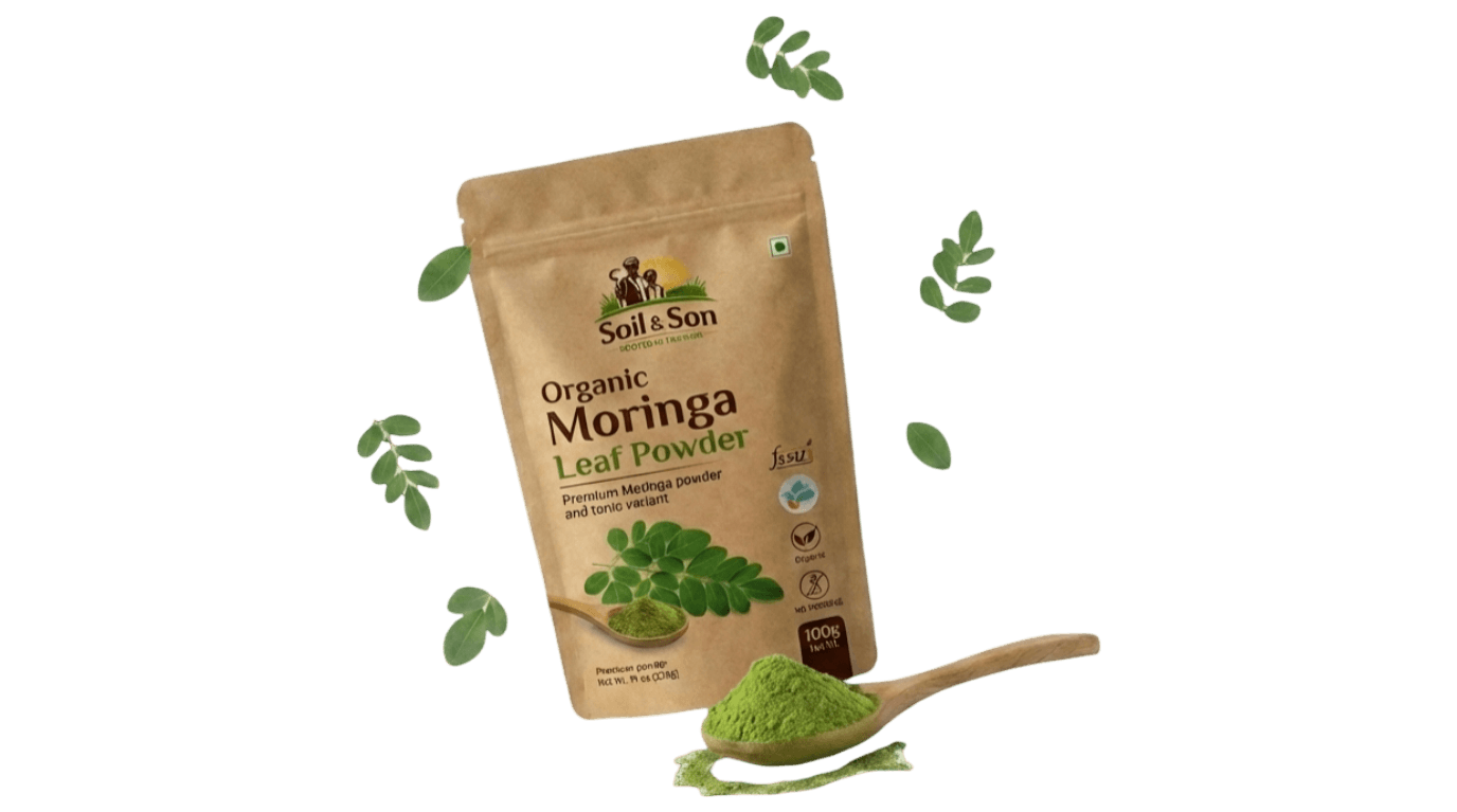 Bharat Sattva natural wellness powder package with wooden spoon and fresh leaves