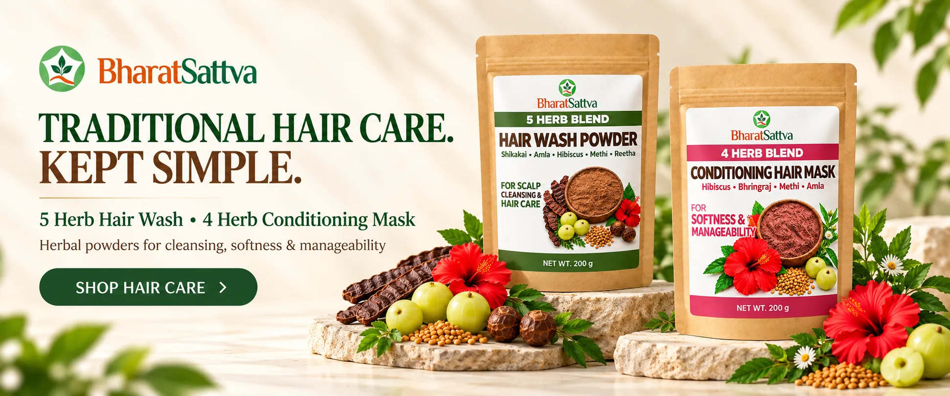 Traditional hair care, kept simple: BharatSattva 5 Herb Hair Wash Powder and 4 Herb Conditioning Hair Mask. Shop hair care.