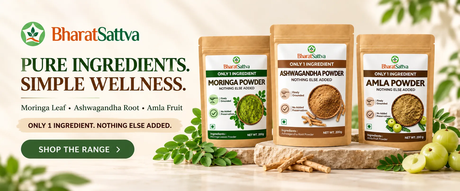 Pure ingredients, simple wellness: BharatSattva Moringa, Ashwagandha and Amla powders. Only one ingredient, nothing else added. Shop the range.